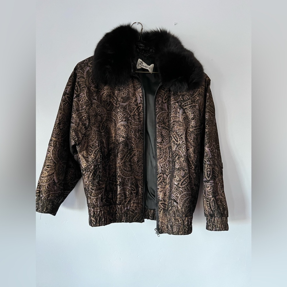 Vintage Radlee Women’s Paisley Nubuck Leather Jacket w/ Fox Fur Collar